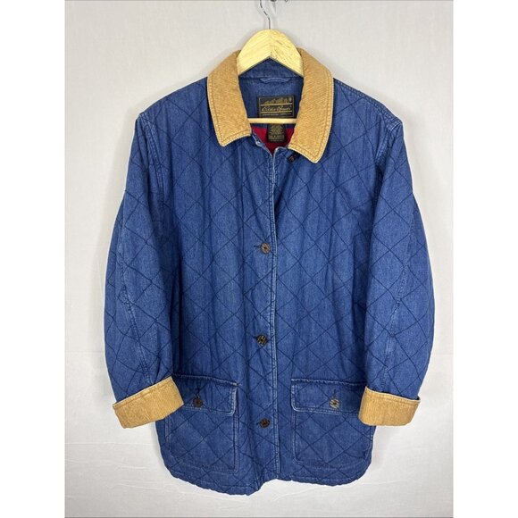 Eddie Bauer Women’s Quilted Denim Barn Coat Jacket Corduroy Collar Red Lining L - Picture 1 of 8